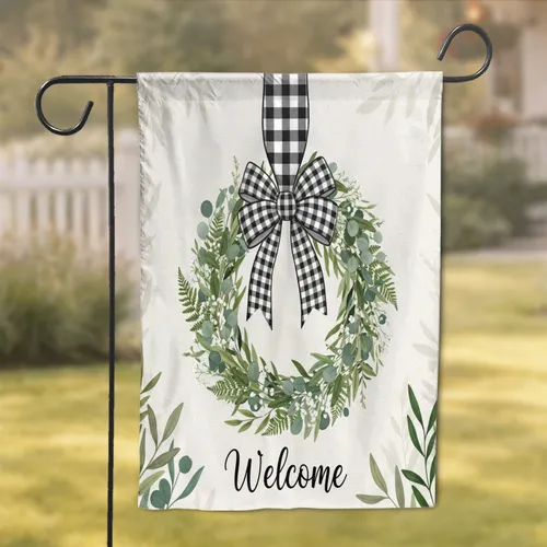 Green Leaf White Flower Wreath Welcome Gingham Bow - Farmhouse Home Decor Gift Garden Flag