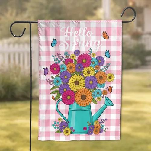 Hello Spring Gerbera Daisy Watering Can - Spring Home Decor Gift Garden Flag