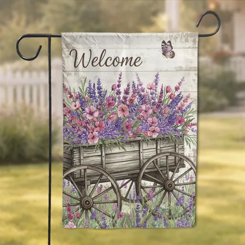 Welcome Wildflower Wagon Butterfly Farmhouse Home Decor Gift Garden Flag