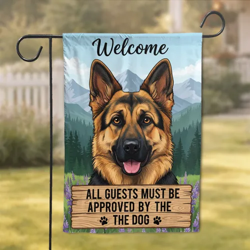 German Shepherd Welcome Sign Funny Dog Rule - Rustic Mountain Landscape Home Decor Gift Garden Flag