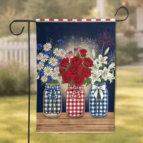Vibrant Spring Flower Mason Jars Plaid Ribbons Home Decor Gift Garden Flag