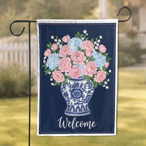 Chinoiserie Ginger Jar Peony Hydrangea Bouquet Welcome - Home Decor Gift Garden Flag