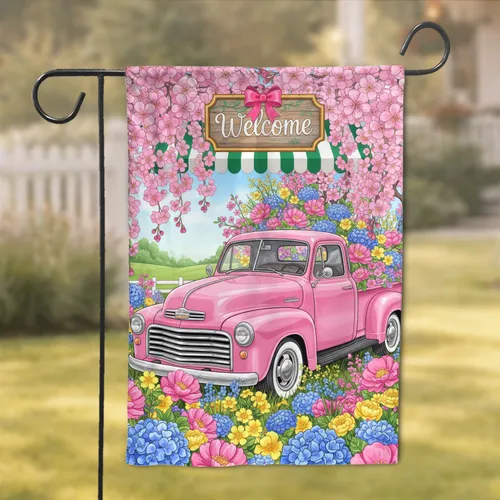 Vintage Pink Pickup Truck Spring Floral Welcome Sign - Farmhouse Decor Gift Garden Flag