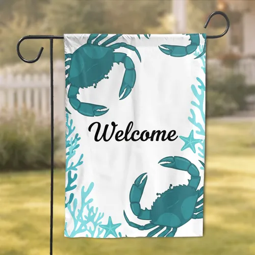Deep Teal Crab Welcome Starfish Seaweed Scene - Coastal Beach House Decor Gift Garden Flag