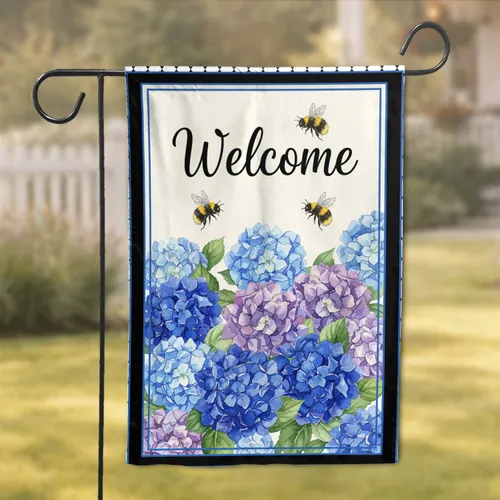 Welcome Sign Hydrangea Bumblebee Blue Purple Floral Home Entry Way Decor Gift Garden Flag