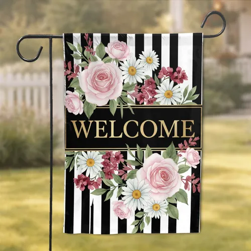 WELCOME Panel Pink Roses White Daisies Black White Stripes - Home Decor Gift Garden Flag