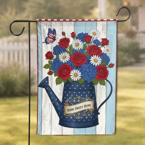 Vintage Watering Can Roses Home Sweet Home - USA Anniversary Independence Day Garden Flag