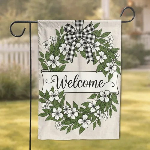 White Flower Botanical Wreath Welcome Banner Buffalo Check - Farmhouse Home Decor Garden Flag