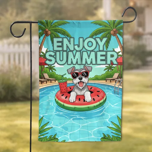Schnauzer Dog Watermelon Float Poolside 'Enjoy Summer' Tropical Decor Garden Flag