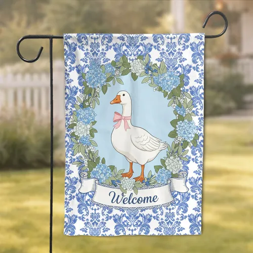 Charming White Goose Blue Hydrangeas Floral Wreath Welcome Banner - Everyday Home Decor Garden Flag