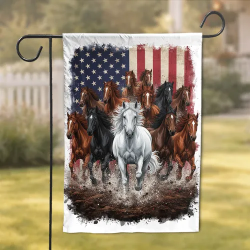 Wild Horses American Flag Stampede - Patriotic Independence Day Gift for Veterans Garden Flag