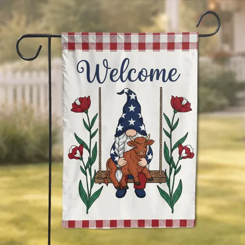 Gnome Cuddling Highland Cow Sunflower Welcome - Farmhouse Decor Gift for Cow Lovers Garden Flag