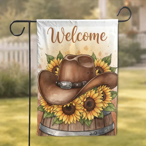 Rustic Cowboy Hat Welcome Barrel Sunflowers - Warm Fall Home Decor Gift Garden Flag