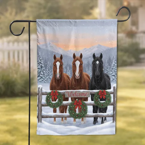 Majestic Horses Christmas Wreath Welcome Snow Scene - Holiday Home Decor Garden Flag