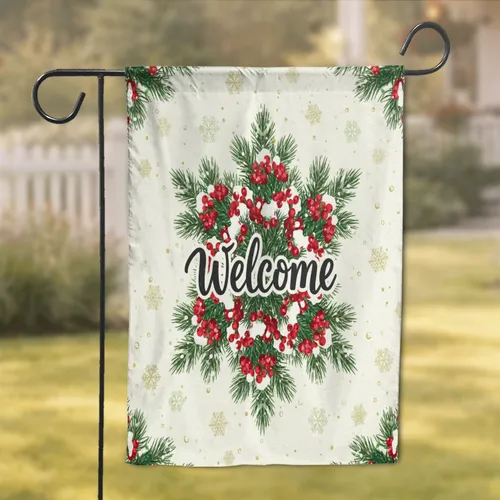 Welcome Winter Botanical Holly Snowflake - Christmas Home Decor Gift Garden Flag
