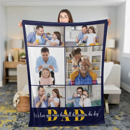 Personalized Father's Day Photo Collage Fleece Blanket, Personalized Blanket for Dad, Photos Text Blankets