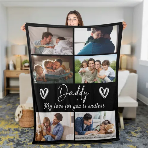 Personalized Father's Day Fleece Blanket, Personalized Photo Blanket Gifts for Dad, Photo Blanket Collage Picture Daddy Blanket, Birthday Gifts From Kids