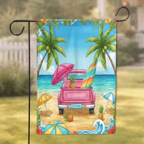 Retro Beach Car Welcome Pineapple Surfboard - Tropical Summer Decor Garden Flag