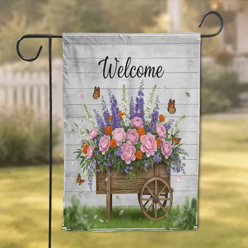 Welcome Flower Cart Overflowing Garden Flowers Monarch Butterflies - Farmhouse Home Decor Garden Flag