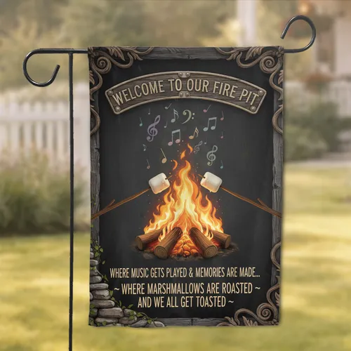 Campfire Marshmallow Music Notes Welcome Sign - Fire Pit Home Decor Gift for Music Lovers Garden Flag