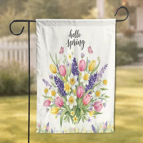 Hello Spring Tulips Daffodils Hyacinths Butterflies Flower - Home Decor Gift Garden Flag