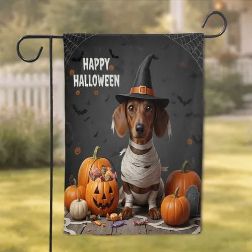 Dachshund Mummy Witch Hat Halloween Pumpkins Decor Garden Flag