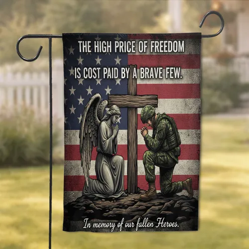 Kneeling Soldier Angel Memorial Cross American Flag - Memorial Day Tribute Gift for Veterans Garden Flag