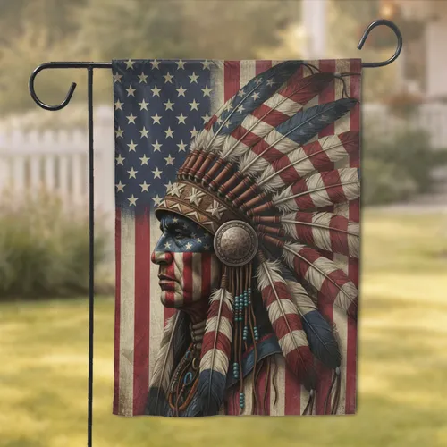 Native American Chief American Flag Headdress Patriotic Decor Gift Garden Flag