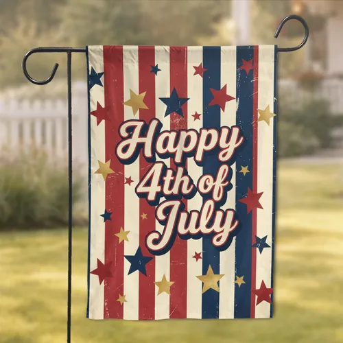 Happy 4th of July Patriotic Metallic Stars Vertical Stripes - USA National Day Garden Flag