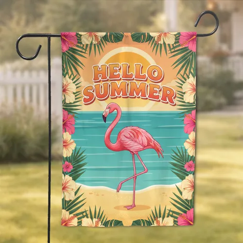 Pink Flamingo Hello Summer Tropical Hibiscus Beach - Summer Vacation Home Decor Garden Flag
