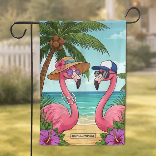 Flamingos Tropical Beach Hibiscus Palm - Home Decor Gift for Flamingo Lovers Garden Flag