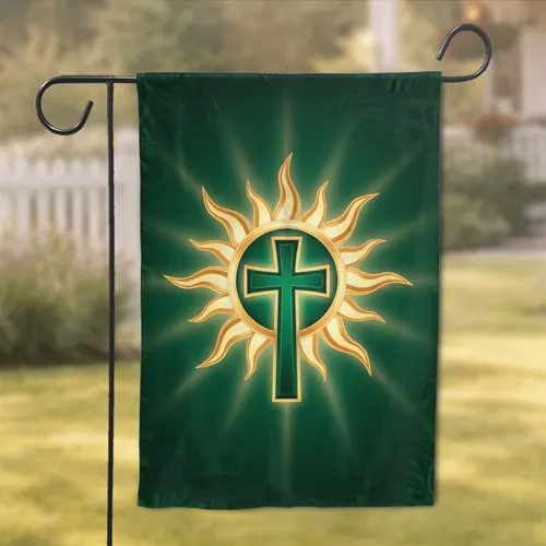 Prominent Golden Sunburst Emerald Cross Radiant Rays - Symbolic Home Decor Gift Garden Flag