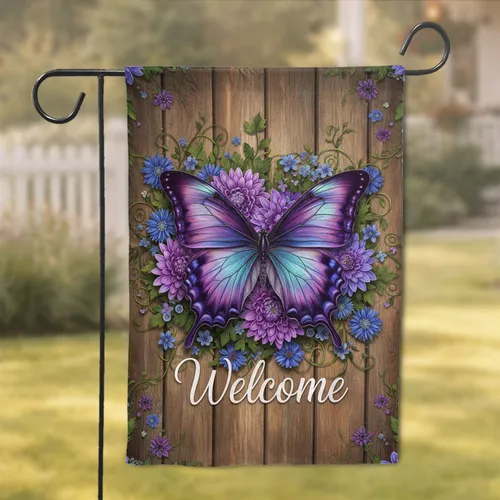 Realistic Iridescent Butterfly Welcome Purple Flowers Rustic Wood - Home Decor Gift Garden Flag