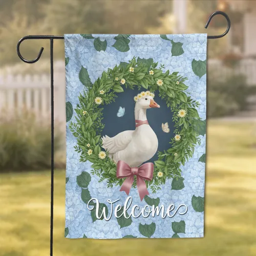 White Goose Yellow Daisy Crown Pink Bow Wreath Welcome Blue Hydrangea Decor Gift Garden Flag