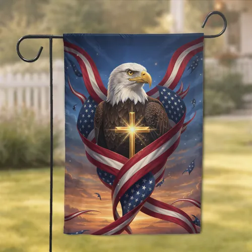 Bald Eagle Golden Cross American Flag - Patriotic Faith Decor Gift Garden Flag