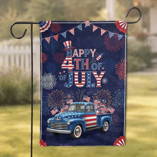 Vintage Blue Pickup Truck American Flag 4th of July Uncle Sam Fireworks Garden Flag