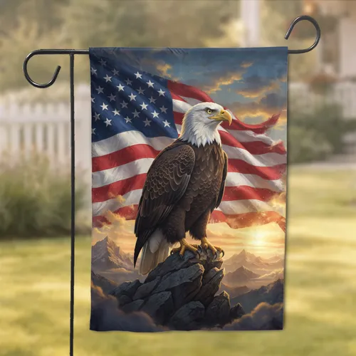 Bald Eagle American Flag Mountain Sunset - Home Decor Gift for American Flag Lovers Garden Flag