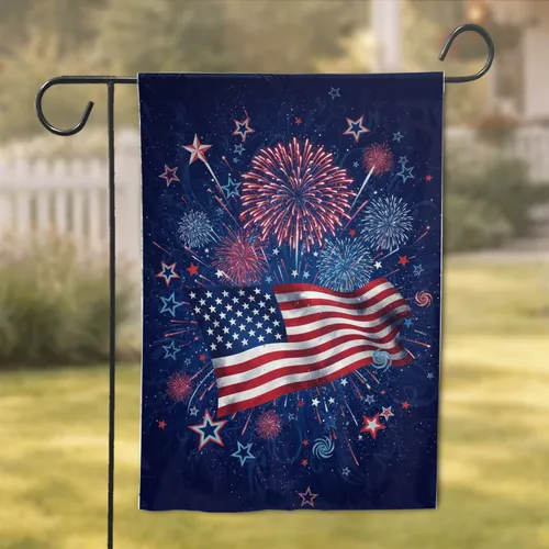 Waving American Flag Fireworks - Independence Day Celebration Home Decor Gift Garden Flag