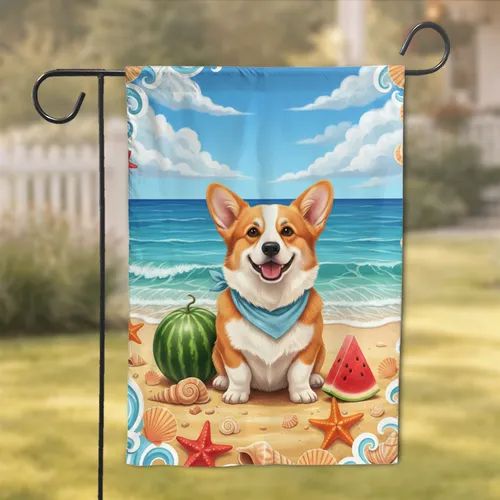 Happy Pembroke Welsh Corgi Beach Watermelon Starfish - Coastal Home Decor for Dog Lovers Garden Flag