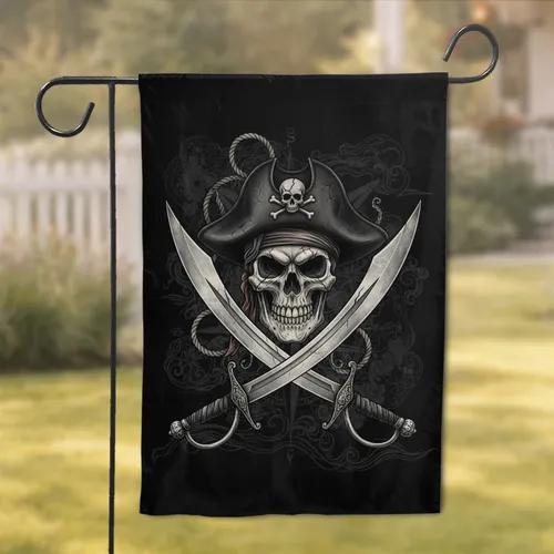Weathered Pirate Skull Crossbones Hat Crossed Cutlasses - Home Decor Gift for Pirate Lover Garden Flag