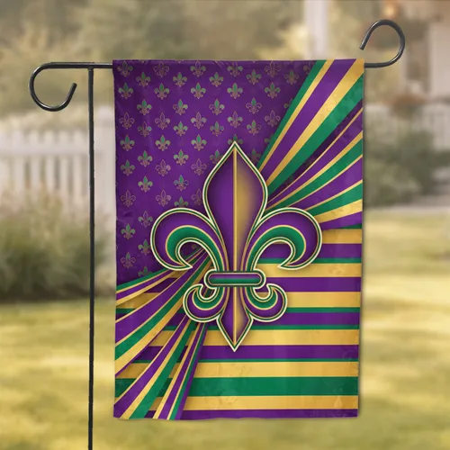 Purple Green Gold Fleur-de-Lis Stripes - Mardi Gras Festive Celebration Garden Flag
