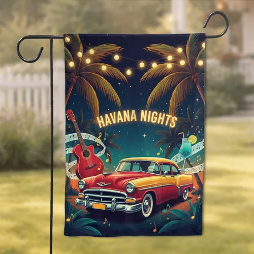 Havana Nights Vintage Car Tropical Guitar Cocktail - Festive Home Decor Gift Garden Flag