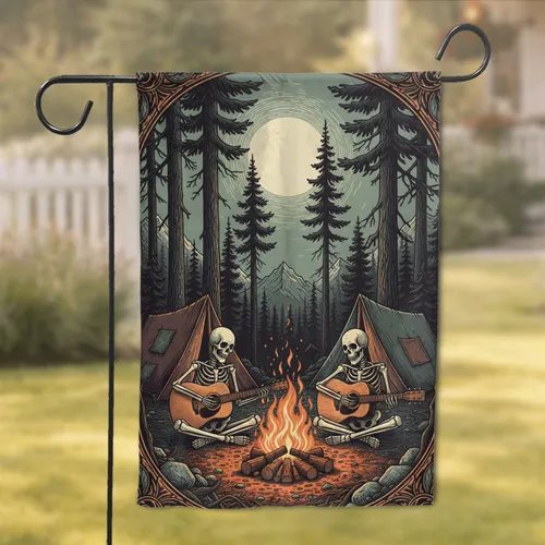 Skeletons Playing Guitar Campfire - Moonlit Wilderness Decor Gift for Music Lovers Garden Flag