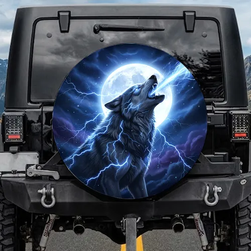 Muscular Grey Wolf Electric Blue Lightning Full Moon Cosmic Sky - Fantasy Lover Gift Spare Tire Cover