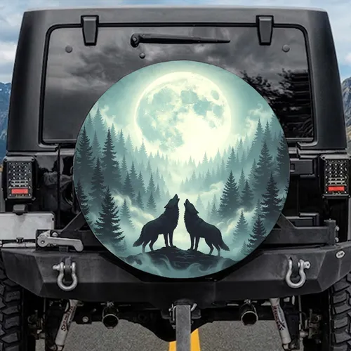 Majestic Howling Wolves Luminous Full Moon Misty Forest Pine Trees - Outdoor Adventure Gift Spare Tire Cover