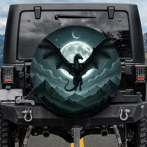Mythic Soaring Black Dragon Full Moon Night Sky Mountain Peaks - Fantasy Gift Spare Tire Cover