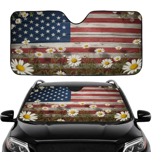 Rustic American Flag White Daisy - Road Trip Travel Essential Car Sunshade