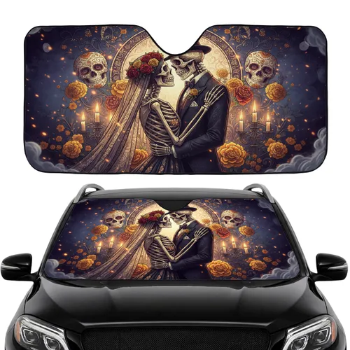 Ornate Gothic Stained Glass Skeleton Couple Sugar Skull Marigold - Car Interior Upgrade Car Sunshade