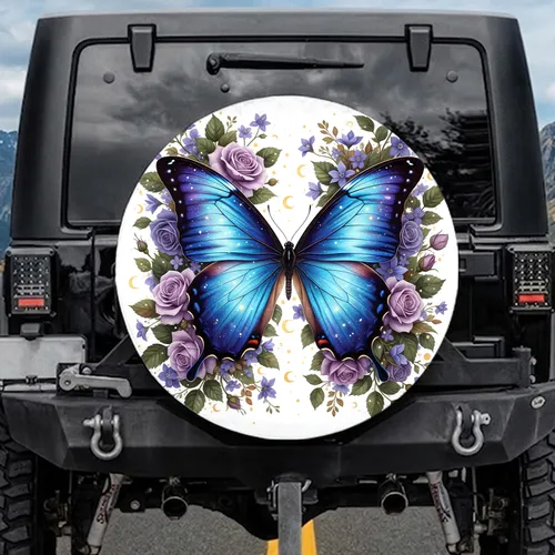 Blue Purple Morpho Butterfly Lavender Rose Crescent Moon - Wildlife Lover Gift Spare Tire Cover