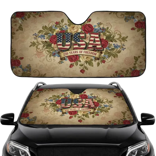 USA American Flag 250 Years of Freedom Vintage Floral - Car Interior Upgrade Car Sunshade